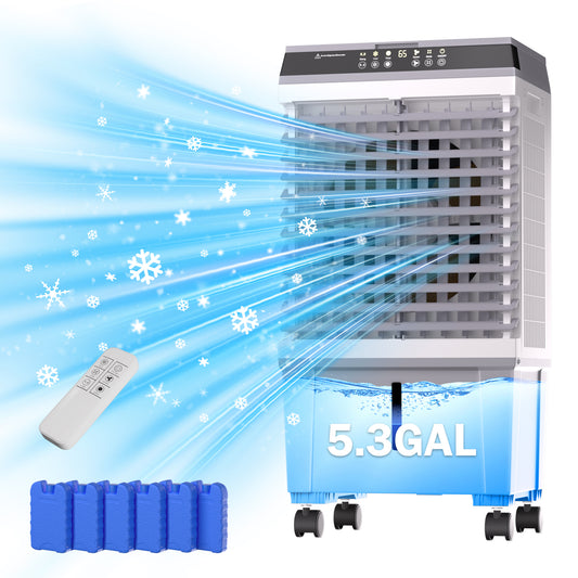 Evaporative Air Cooler, Swamp Cooler 5.3 Gal Portable Air Cooler with Remote, 12H Timer, 3 Speeds