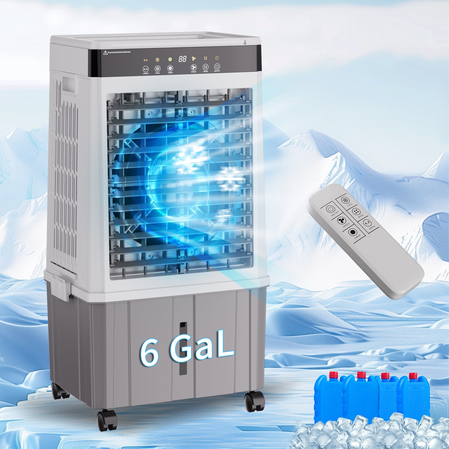 Akires Evaporative Air Cooler 6 Gal, Swamp Cooler, Portable Air Cooling Unit with Remote, 12H Timer, 3 Speeds