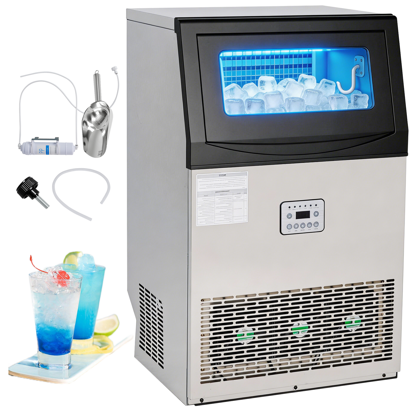 Commercial Ice Maker Machine, 200 Lbs/24H with 33 Lbs Storage, 96 Cubes, Under Counter/Freestanding Ice Makers, Stainless Steel