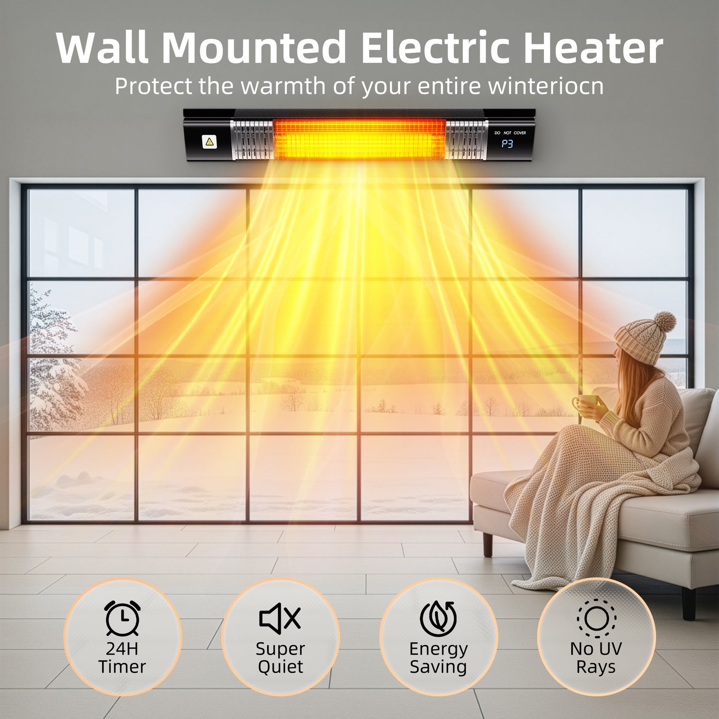 Patio Heater,1500W Outdoor Heaters, Wall Mounted Electric Heater with Remote,24H Timer, Overheat Protection,3 Heat Levels, Waterproof, Infrared Heater for Indoor,Garage
