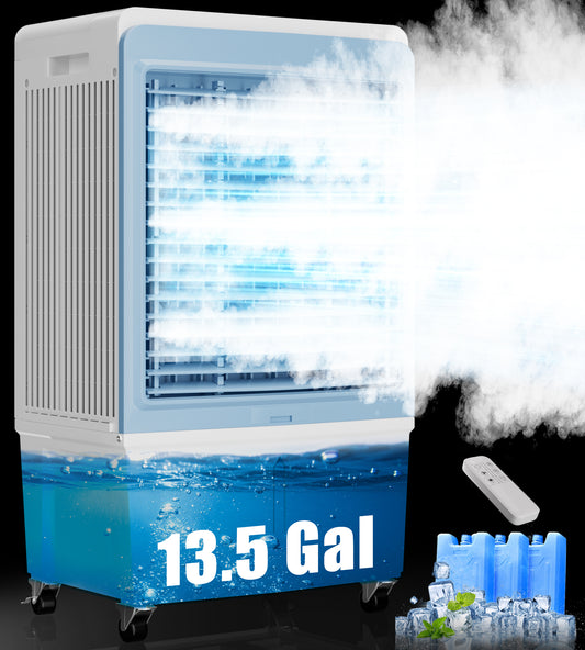 AKIRES 6000CFM Large Swamp Cooler with 13.5-Gal Water Tank,3-IN-1 Evaporative Air Cooler with Remote Control,4 Ice Packs,12H Timer, Evaporative Cooler for Indoor,Garage Use(47IN)