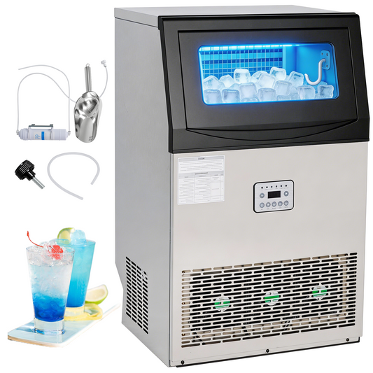 Commercial Ice Maker Machine, 110 Lbs/24H with 33 Lbs Storage, 50 Cubes, Under Counter/Freestanding Ice Makers, Stainless Steel