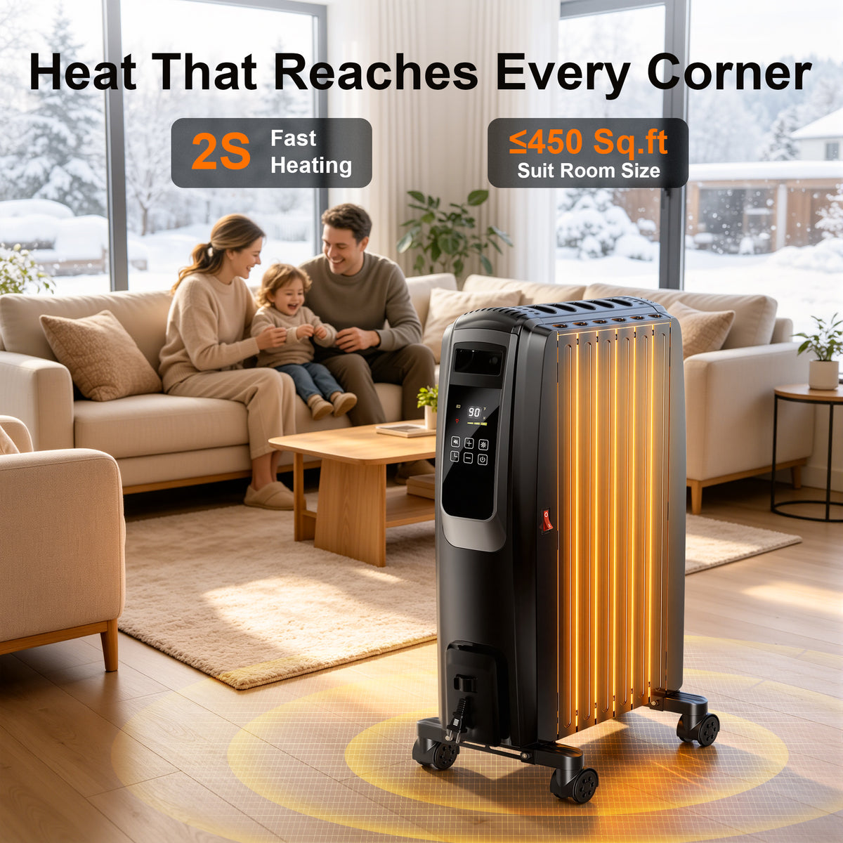 Oil Filled Radiator Heater, Space Heater Large Room, Electric Heater for Indoor Use, Office with Thermostat, 0dB, 24H Timer, Energy Saving(Black)