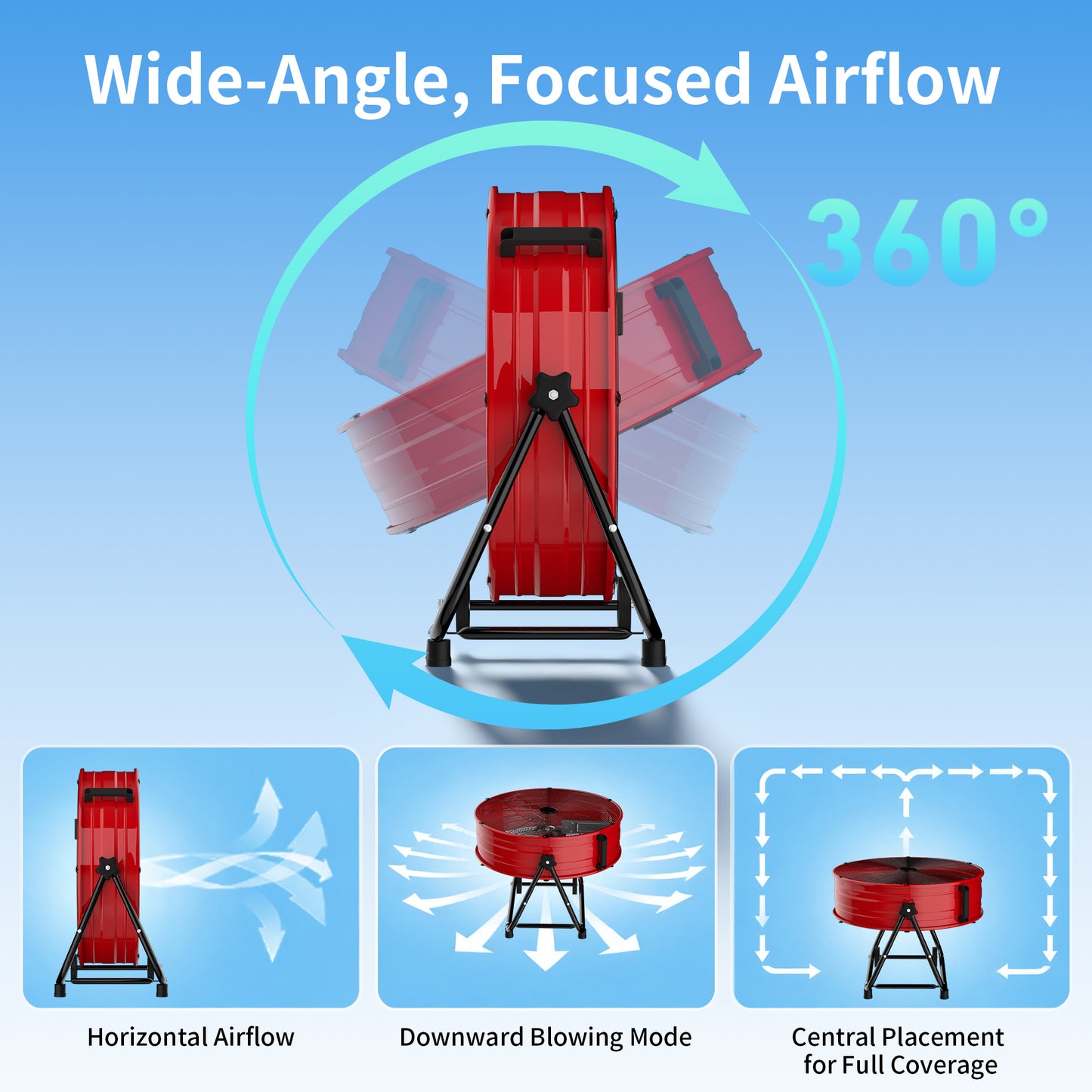 Industrial Drum Fan 30", High Velocity, 8520 CFM, 3-Speed, Heavy Duty Metal Fan for Commercial, Factory(Red+Black)