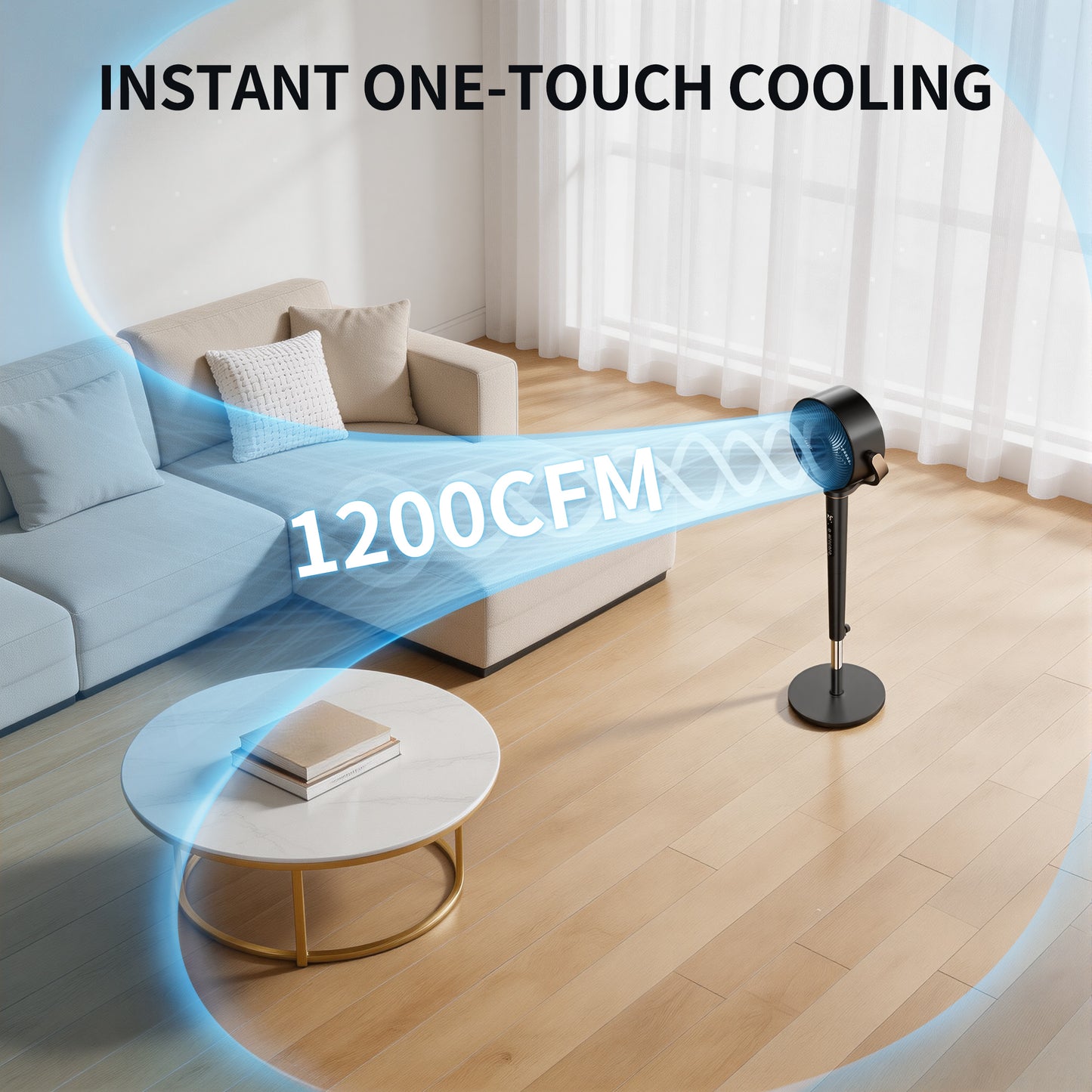 Akires Fan for Bedroom, 120°+120° Oscillating Standing Fan, Air Circulator Fan with Remote, Quiet, 4 Modes, 16 Speeds