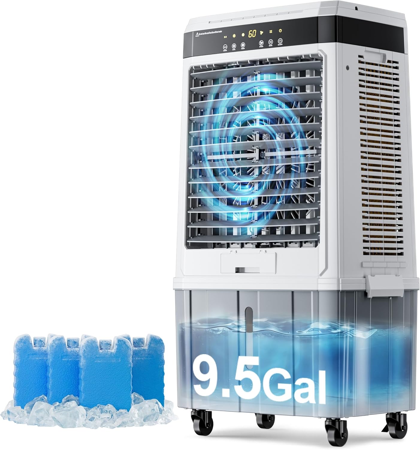 AKIRES Swamp Cooler,Evaporative Air Cooler with 9.5Gal Detachable Water Tank,Ice Packs,12H Timer,Portable Cooling Tower Fan for Indoor Room Bedroom Office Outdoor White