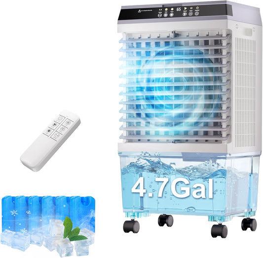 AKIRES 1500CFM Swamp Cooler,3-IN-1 Evaporative Air Cooler with 4.7 Gal Water Tank,6 Ice Packs,Evaporative Cooler with 12H Timer,2 Modes,3 Speeds,120°Oscillation，Cooling Fan for Indoor(25IN)