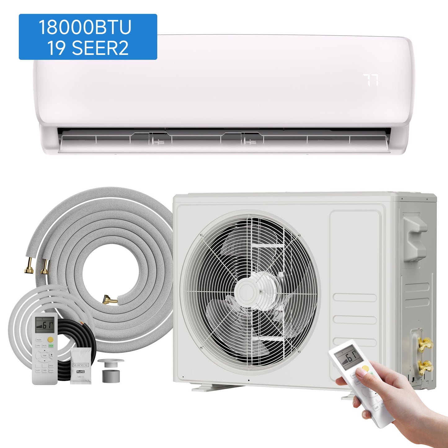 18000BTU Mini Split AC/Heating System, 19 SEER2 230V Energy Saving Air Conditioner Unit Cools Room up to 1250 Sq. Ft, Ductless Inverter