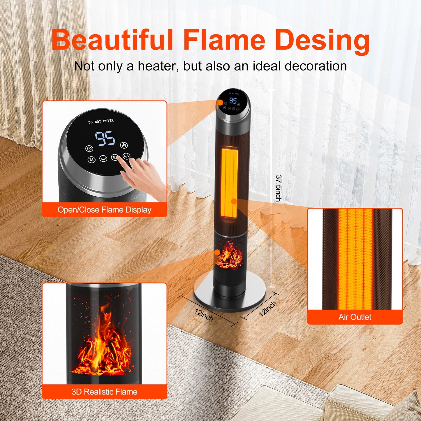 38in Large Floor Portable Electric Heaters For Indoor Use,1500w Tower Space Heater,70°Oscillating Ptc Ceramic Heater With Remote Control,24h Timer For Bedroom Grey