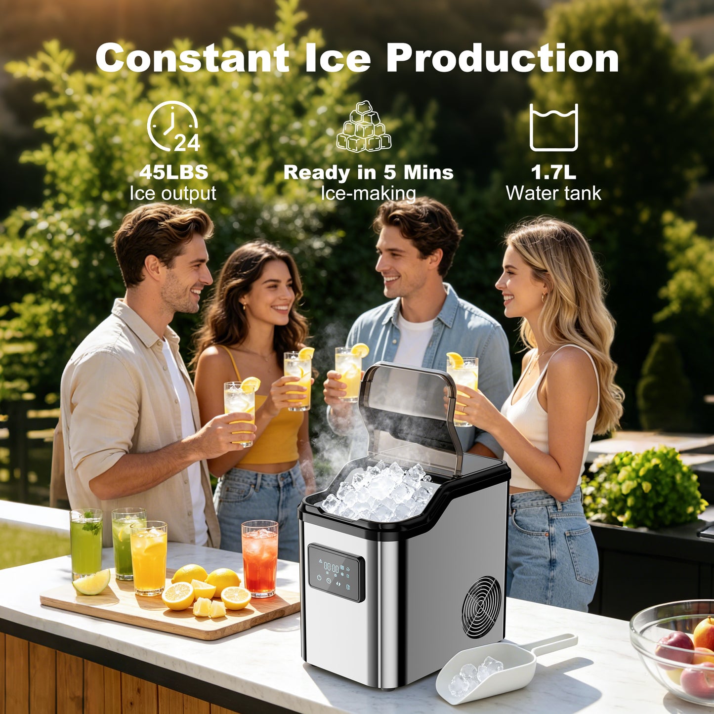 Nugget Ice Makers Countertop, 45lbs/Day Portable Pebble Ice Machine with Crushed Ice, Self-Cleaning, Pellet Ice Makers with Chewable Sonic Ice for Home, Kitchen, Camping, RV, Office