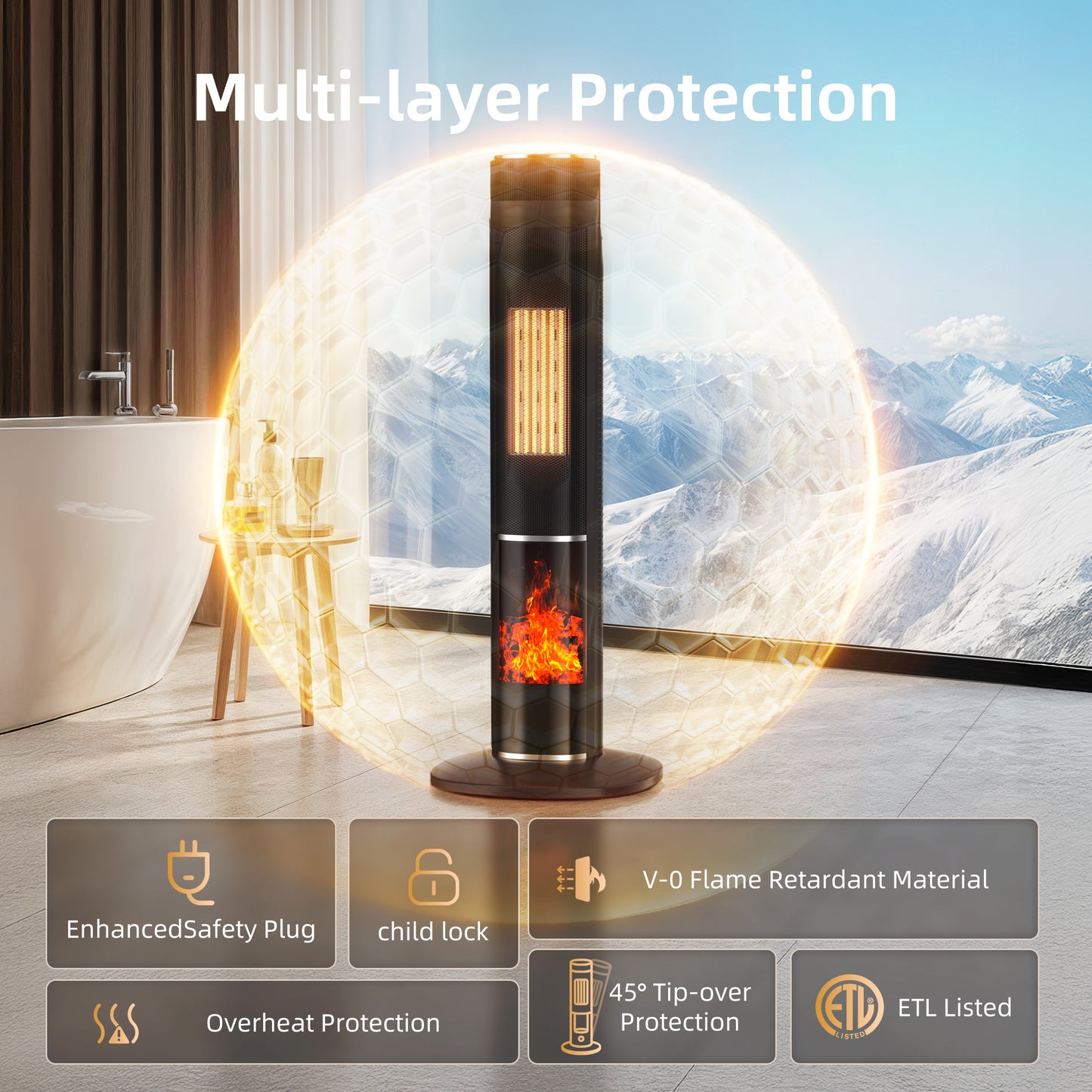 Space Heater for Indoor Use, 31" Electric Heaters with Remote, 70° Oscillation, Adjustable Thermostat, 3 Modes, 6 Safety Protections, 1-24H Timer, Large Room Bedroom