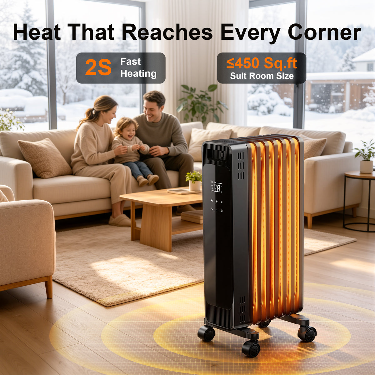 Oil Filled Radiator Heater, 1500W Space Heater Large Room, Electric Heater for Indoor Use, Office with Thermostat, 0dB, 24H Timer, Energy Saving