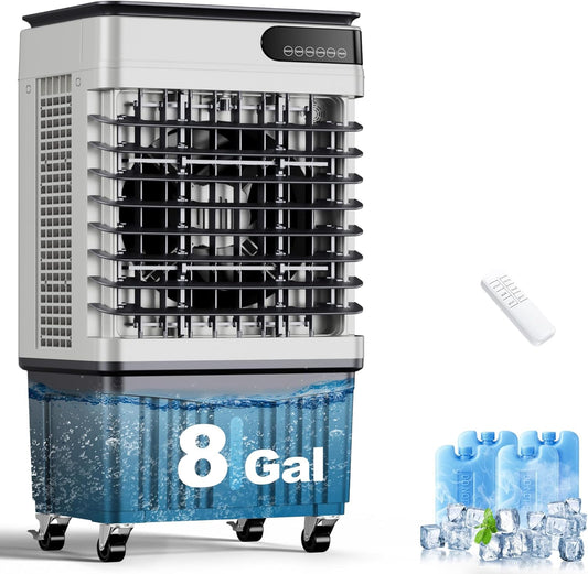 AKIRES 2500CFM Swamp Cooler,Evaporative Air Cooler with 8-Gal Water Tank,4 Ice Packs,Evaporative Cooler for Patio Garage Commercial Industrial Use (36IN)