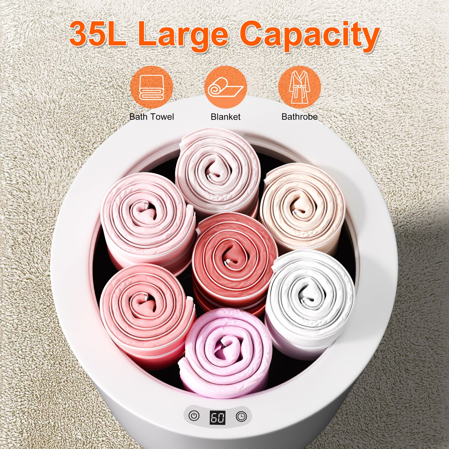 Towel Warmer Bucket, Towel Warmers for Bathroom, Auto Shut Off & Adjustable Timer 15/30/45/60, Multi-Protection, Blanket Warmer for Oversized Towels, Bathrobes, Gifts for Him&Her, 35L