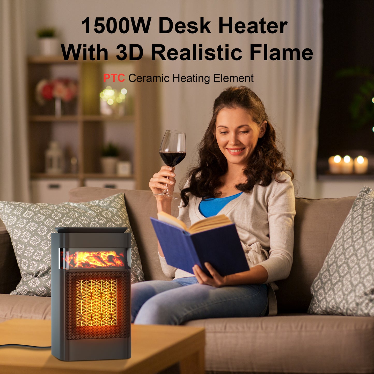 1500W Small Space Heater, Portable Heaters for Indoor Use,70° Oscillating, Mini Electric Heater with Thermostat, 24H Timer, PTC Ceramic, for Room Bedroom, Office