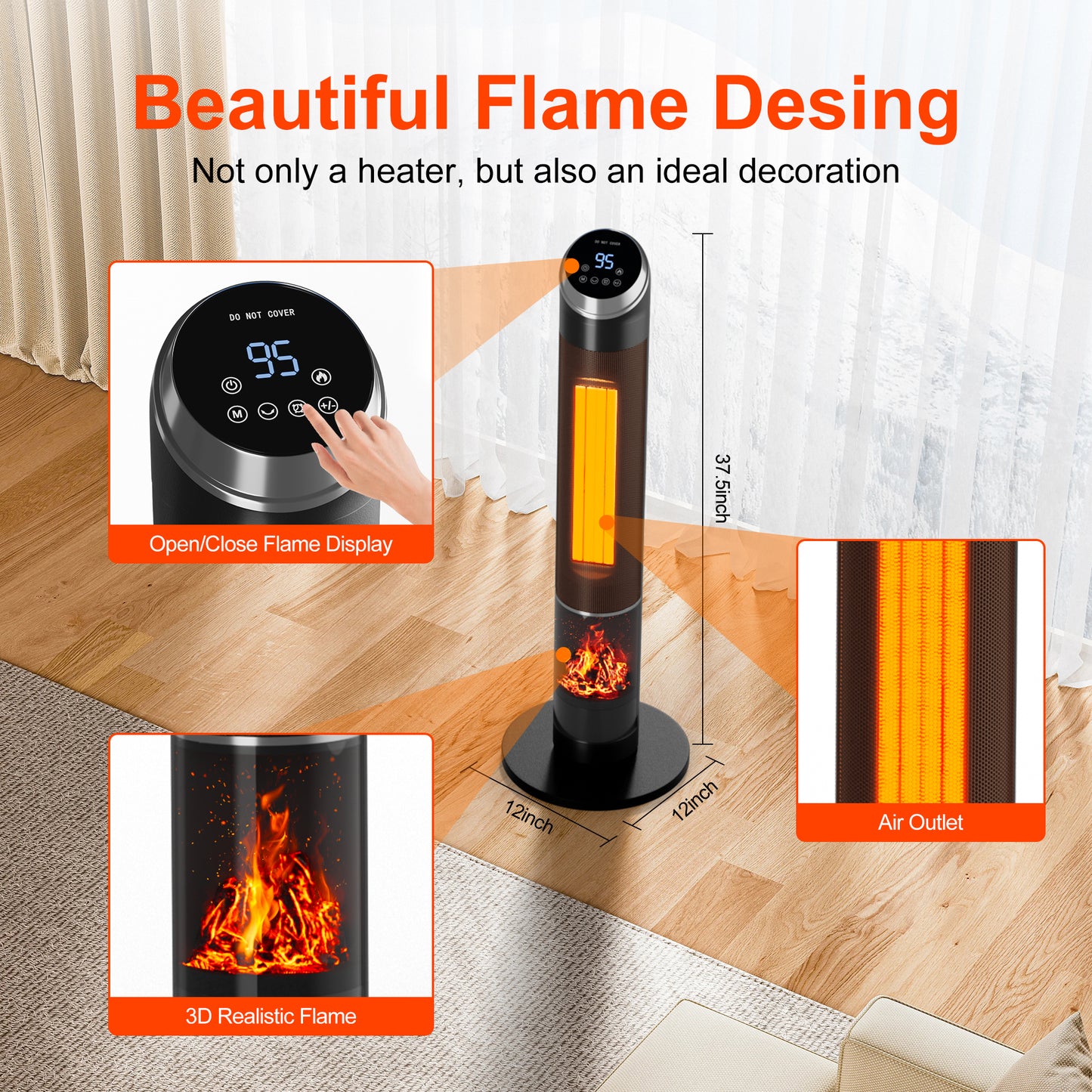38in Large Floor Portable Electric Heaters For Indoor Use,1500w Tower Space Heater,70°Oscillating Ptc Ceramic Heater With Thermostat, Remote Control,24h Timer For Bedroom