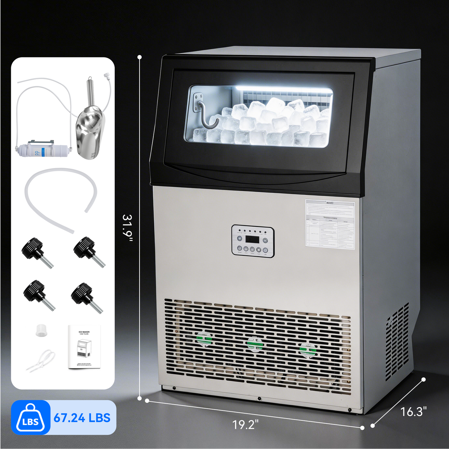 Commercial Ice Maker Machine, 200 Lbs/24H with 33 Lbs Storage, 96 Cubes, Under Counter/Freestanding Ice Makers, Stainless Steel
