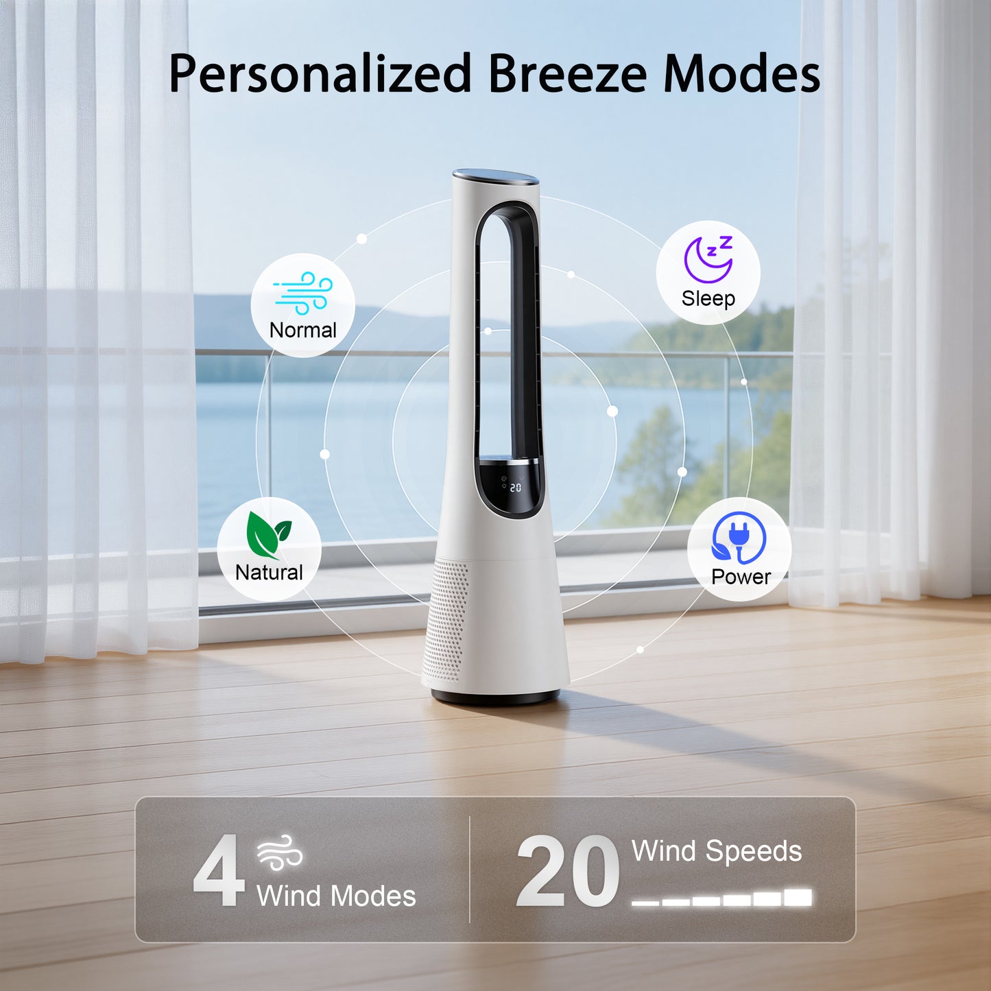 38" Bladeless Tower Fan for Bedroom, Standing Fan 120° Oscillating with Remote, 4 Modes, 20 Speeds for Home, Office