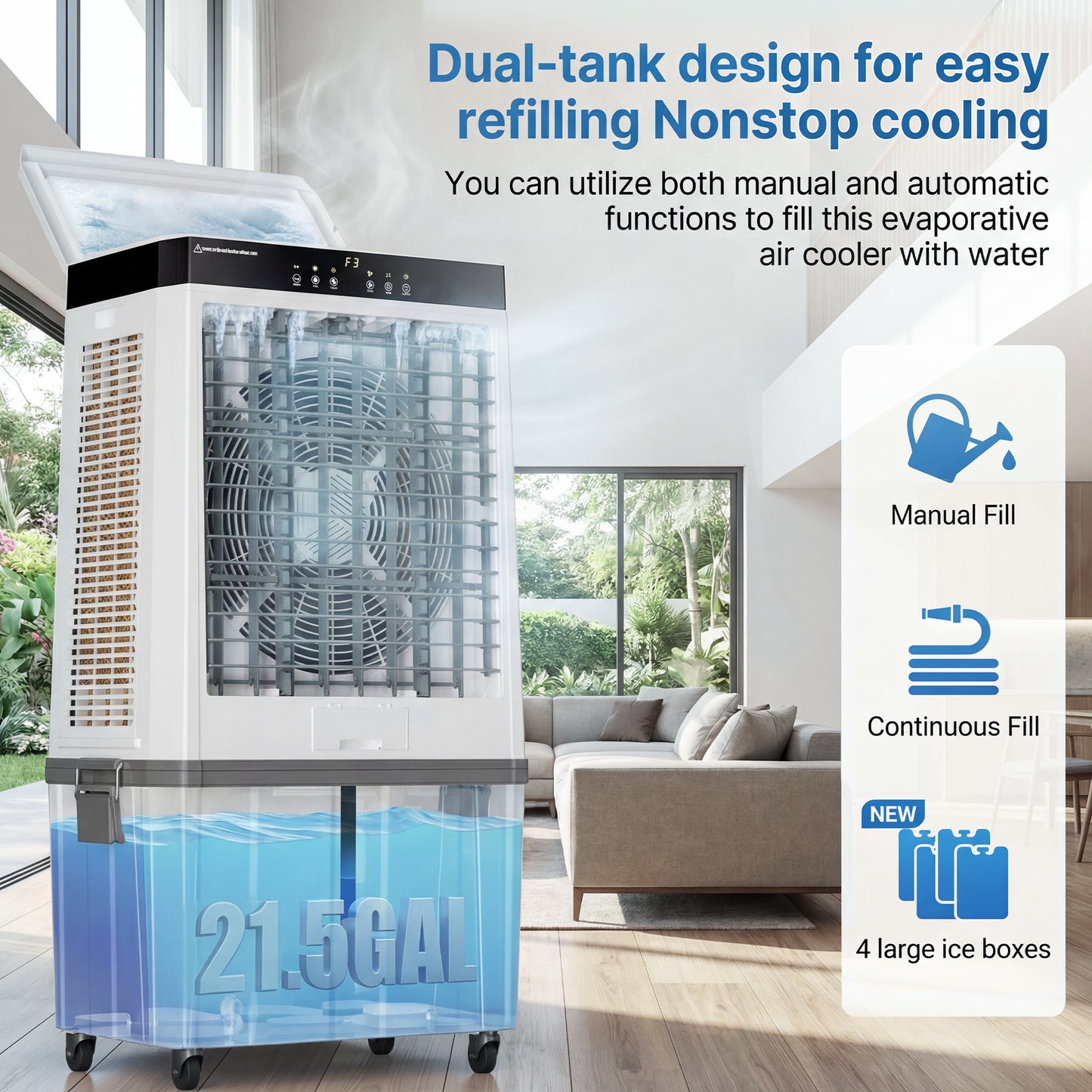 Swamp Cooler, 6288CFM Evaporative Air Cooler with 21.5-Gal Water Tank, Evaporative Cooler with 3 Speeds, 12H Timer, 120°Oscillation, Air Cooler for Indoor Outdoor Patio Garage Use(48IN)