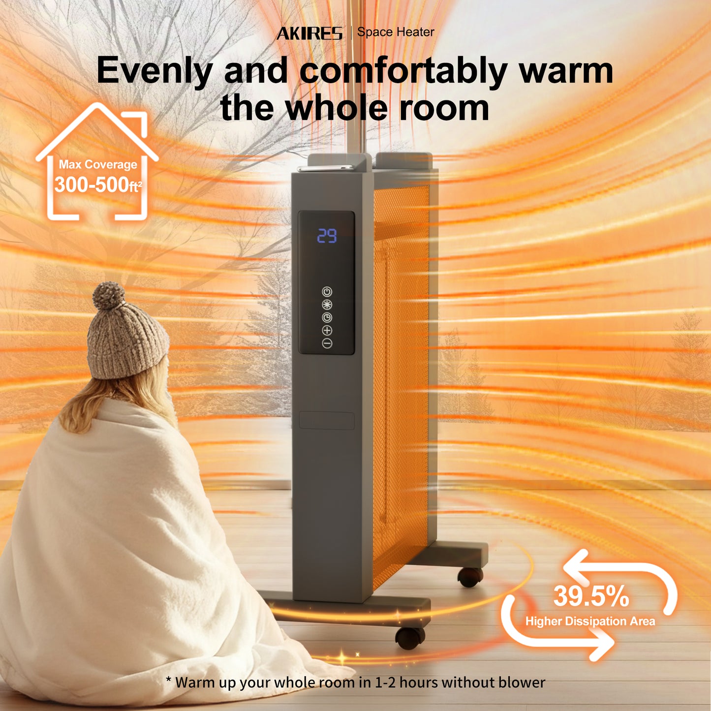 AKIRES Electric Mica Infrared Space Heater Indoor Use,1500W Large Room Heater with Smart Thermostat, Overheat & Tip-Over Protection