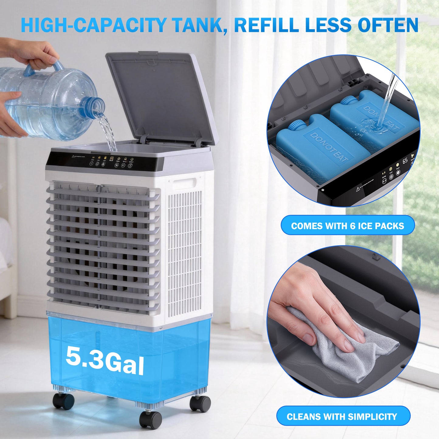 Evaporative Air Cooler, Swamp Cooler 5.3 Gal Portable Air Cooler with Remote, 12H Timer, 3 Speeds