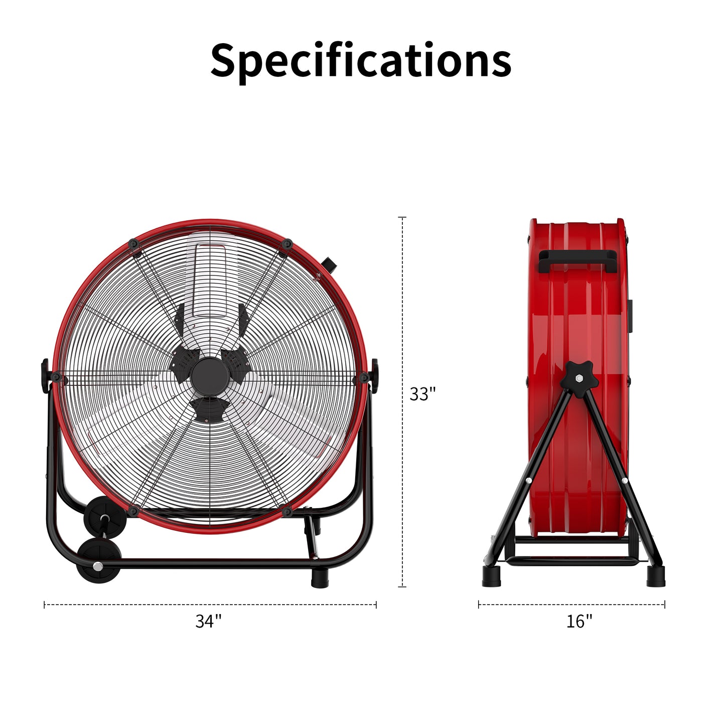Industrial Drum Fan 30", High Velocity, 8520 CFM, 3-Speed, Heavy Duty Metal Fan for Commercial, Factory(Red+Black)