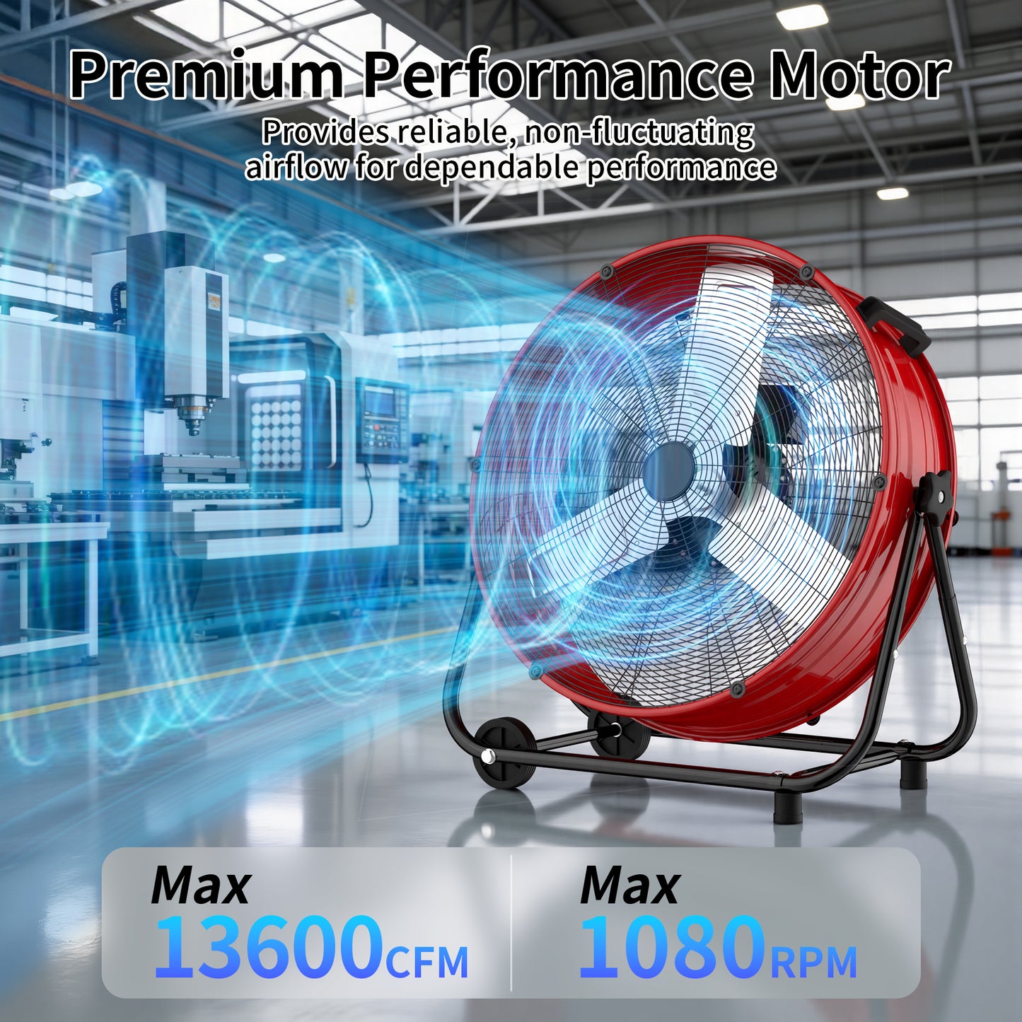 Industrial Drum Fan 36", High Velocity, 13600 CFM, 3-Speed, Heavy Duty Metal Fan for Commercial, Factory(Red+Black)