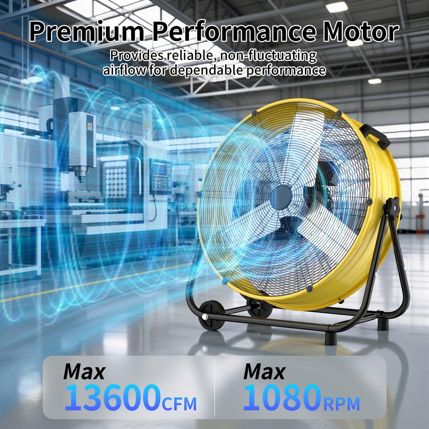 Industrial Drum Fan 36", High Velocity, 13600 CFM, 3-Speed, Heavy Duty Metal Fan for Commercial, Factory(Yellow+Black)