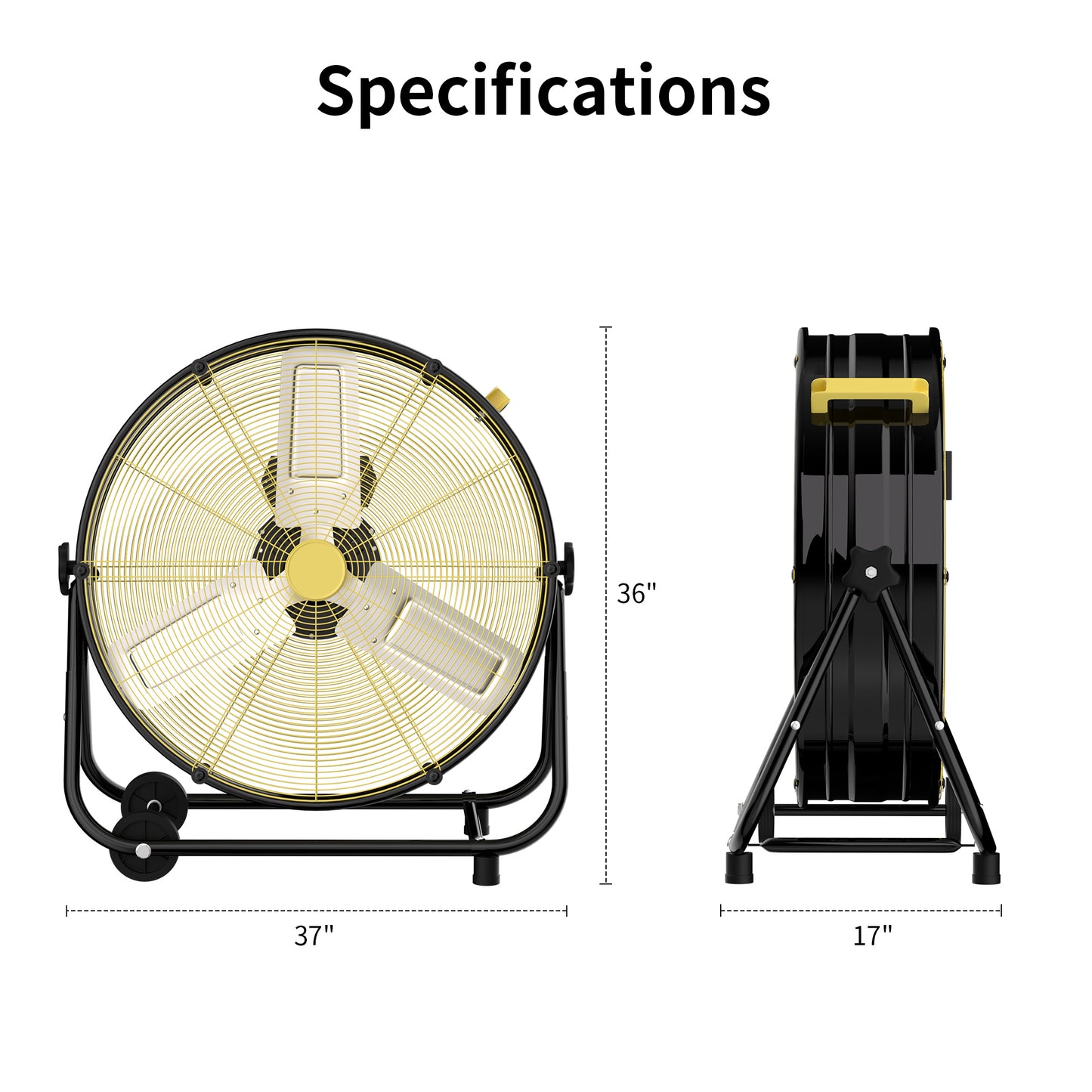 Industrial Drum Fan 36", High Velocity, 13600 CFM, 3-Speed, Heavy Duty Metal Fan for Commercial, Factory(Black+Yellow2)