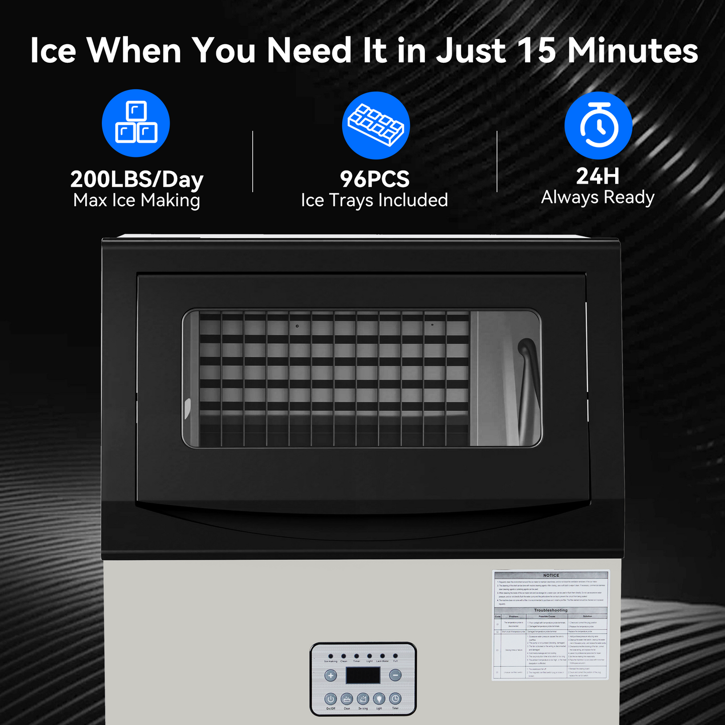 Commercial Ice Maker Machine, 200 Lbs/24H with 33 Lbs Storage, 96 Cubes, Under Counter/Freestanding Ice Makers, Stainless Steel