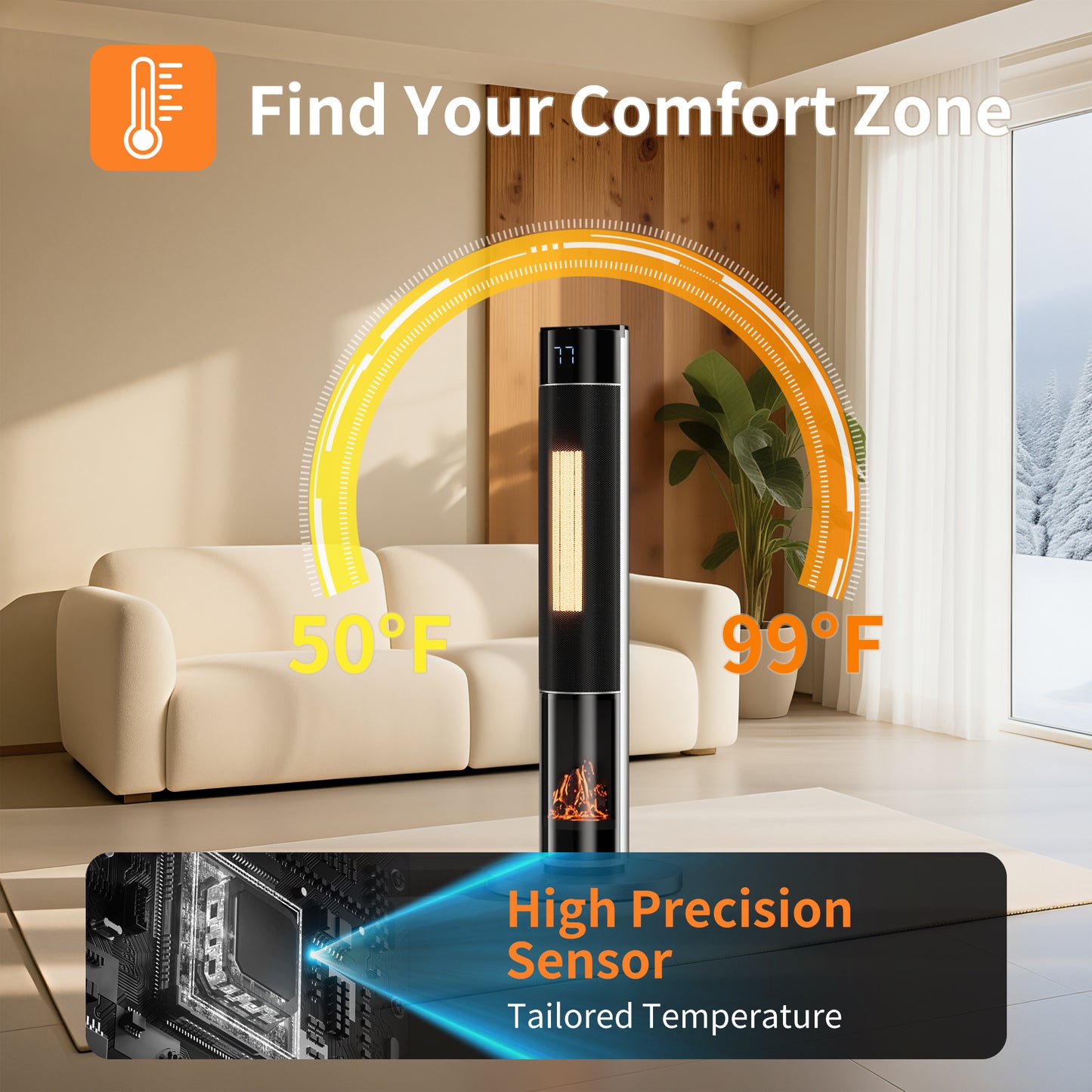 34" Space Heater for Indoor Use, 1500W Electric Heater Large Room with Remote, Timer, ECO Mode, Safety Protection for Bedroom (Silver)