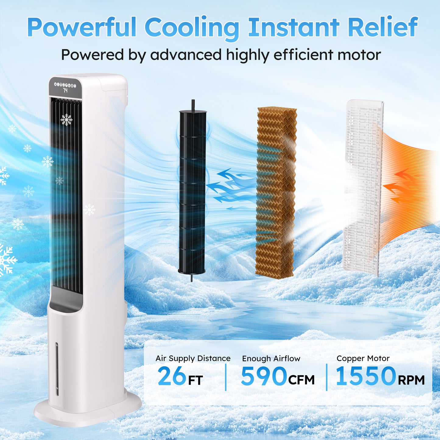Evaporative Air Cooler 41", Windowless Portable Air Conditioners, Oscillating Fan Portable Air Cooling Unit with Remote, 3 Modes, 12H Timer