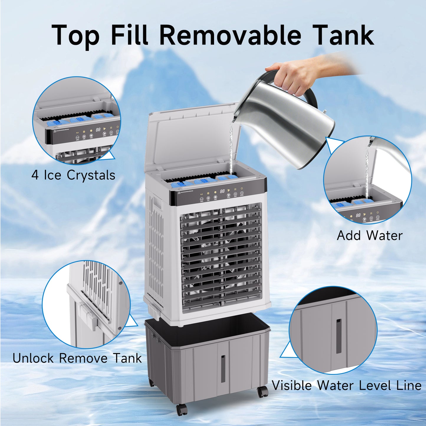 Akires Evaporative Air Cooler 6 Gal, Swamp Cooler, Portable Air Cooling Unit with Remote, 12H Timer, 3 Speeds