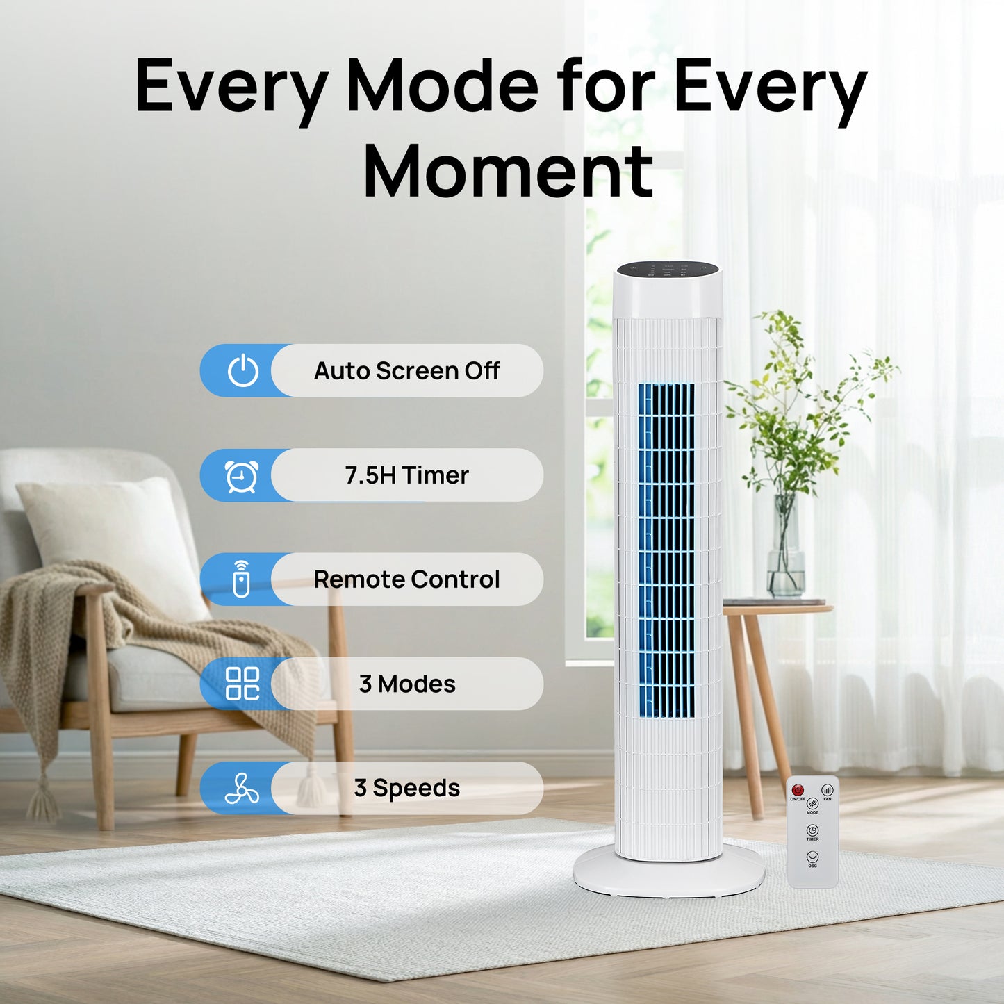 Tower Fan for Bedroom, 31" Oscillating Electric Fan with Remote, 3 Modes, Quiet Fan for Home, Office(White)