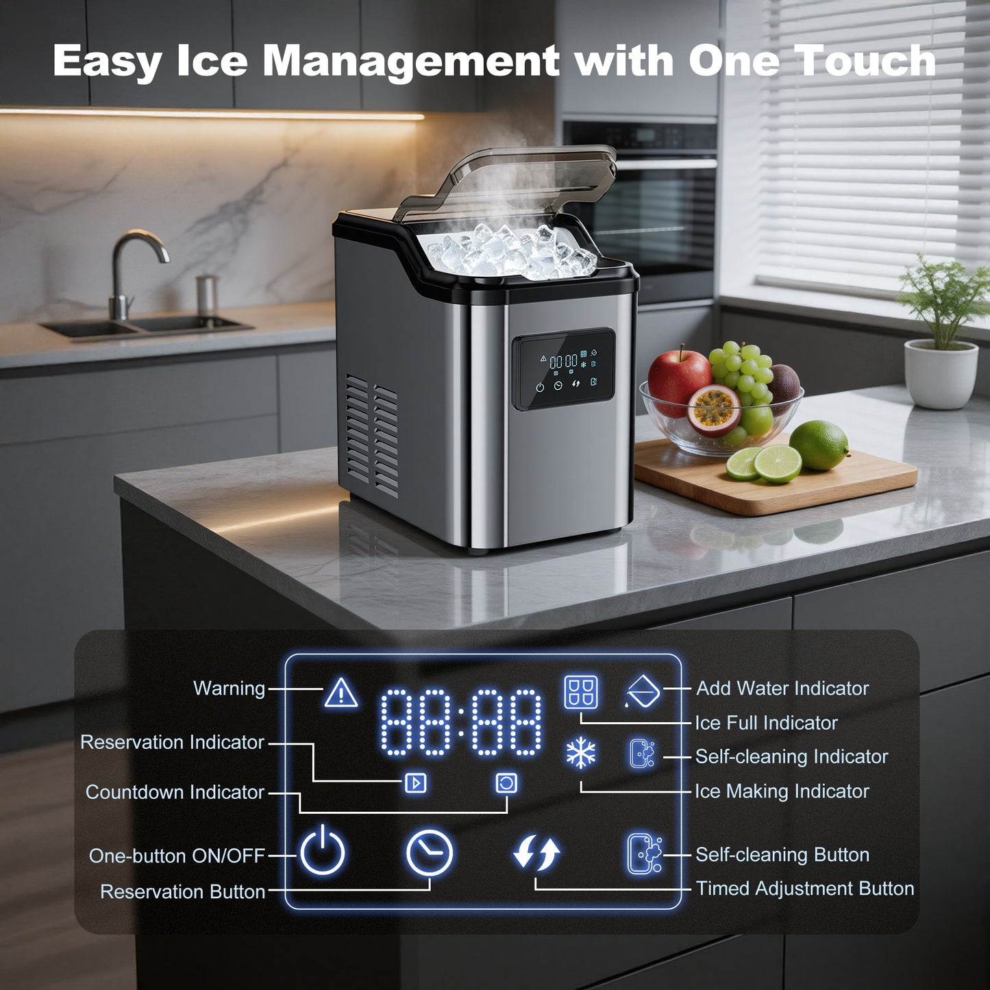 Nugget Ice Makers Countertop, 45lbs/Day Portable Pebble Ice Machine with Crushed Ice, Self-Cleaning, Pellet Ice Makers with Chewable Sonic Ice for Home, Kitchen, Camping, RV, Office