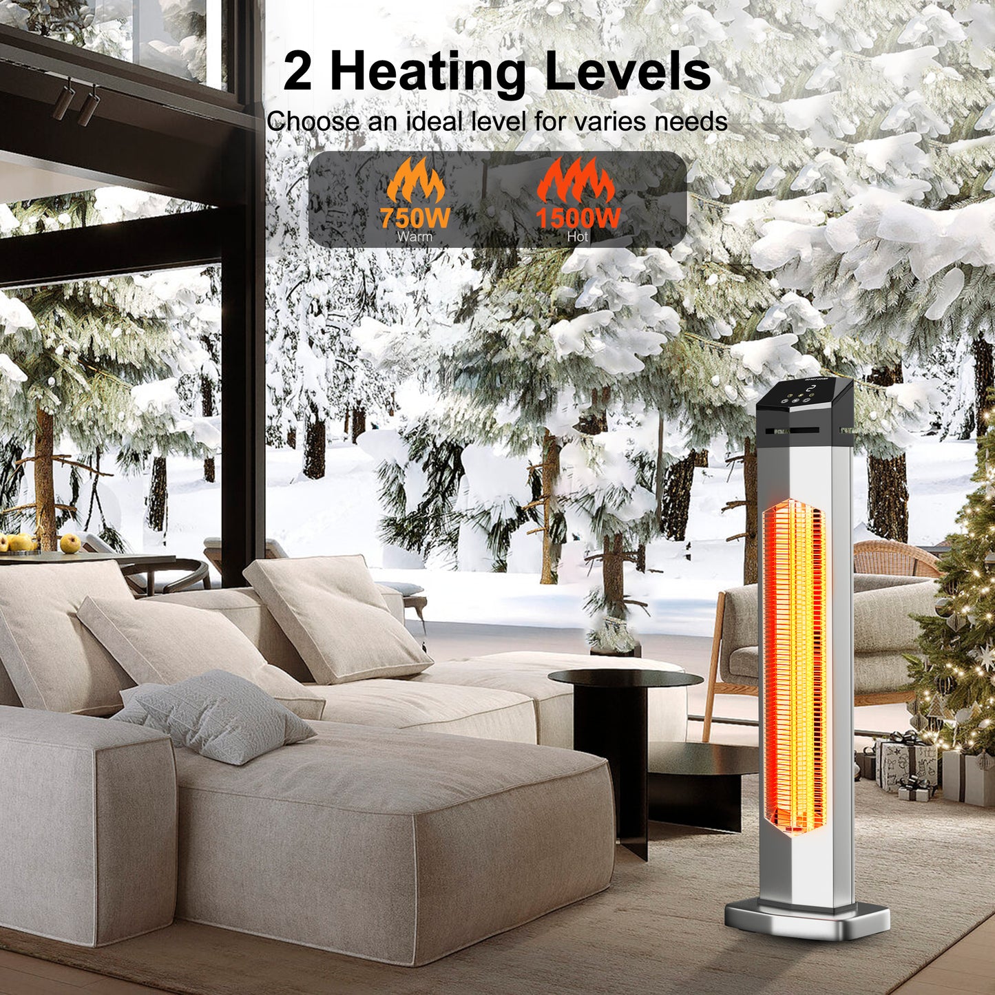 37IN Outdoor Patio Heater, Portable Space Radiant Tower Heaters with IP54 Waterproof,12H Timer,Large Room Heater for Garage Backyard Porch Balcony Silver