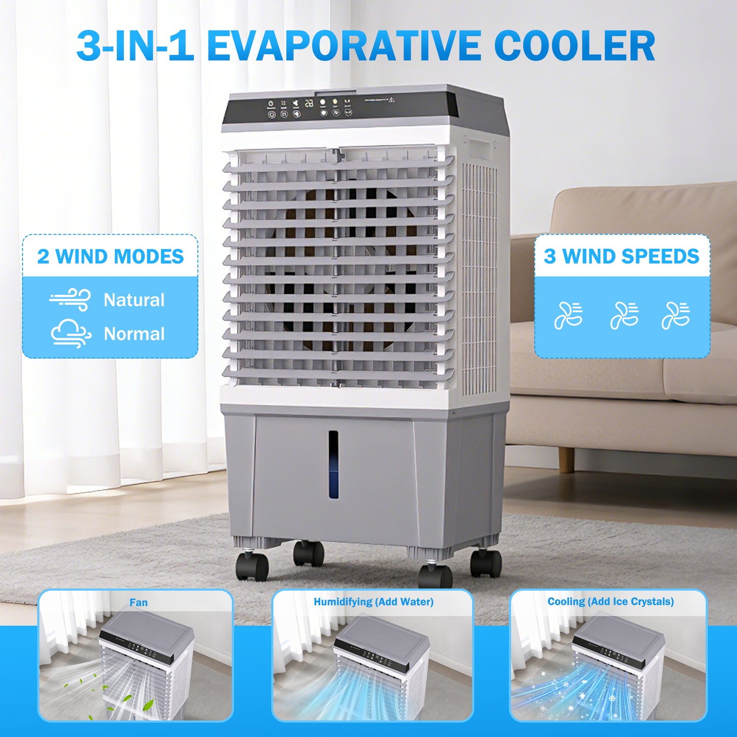 Evaporative Air Cooler, Swamp Cooler 5.3 Gal Portable Air Cooler with Remote, 12H Timer, 3 Speeds