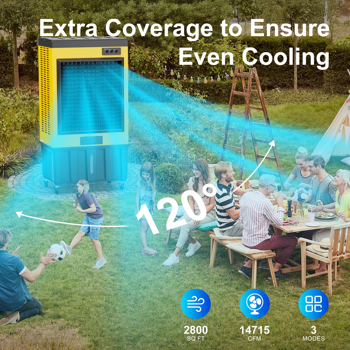 AKIRES 14715CFM Swamp Coolers,Evaporative Air Cooler for 2800Sq.ft of Space,with Continuous Auto Fill,53-Gal Water Tank,120°Oscillation,5 Ice Packs,Cooling Fan for Outdoor,Indoor Yellow(71IN)