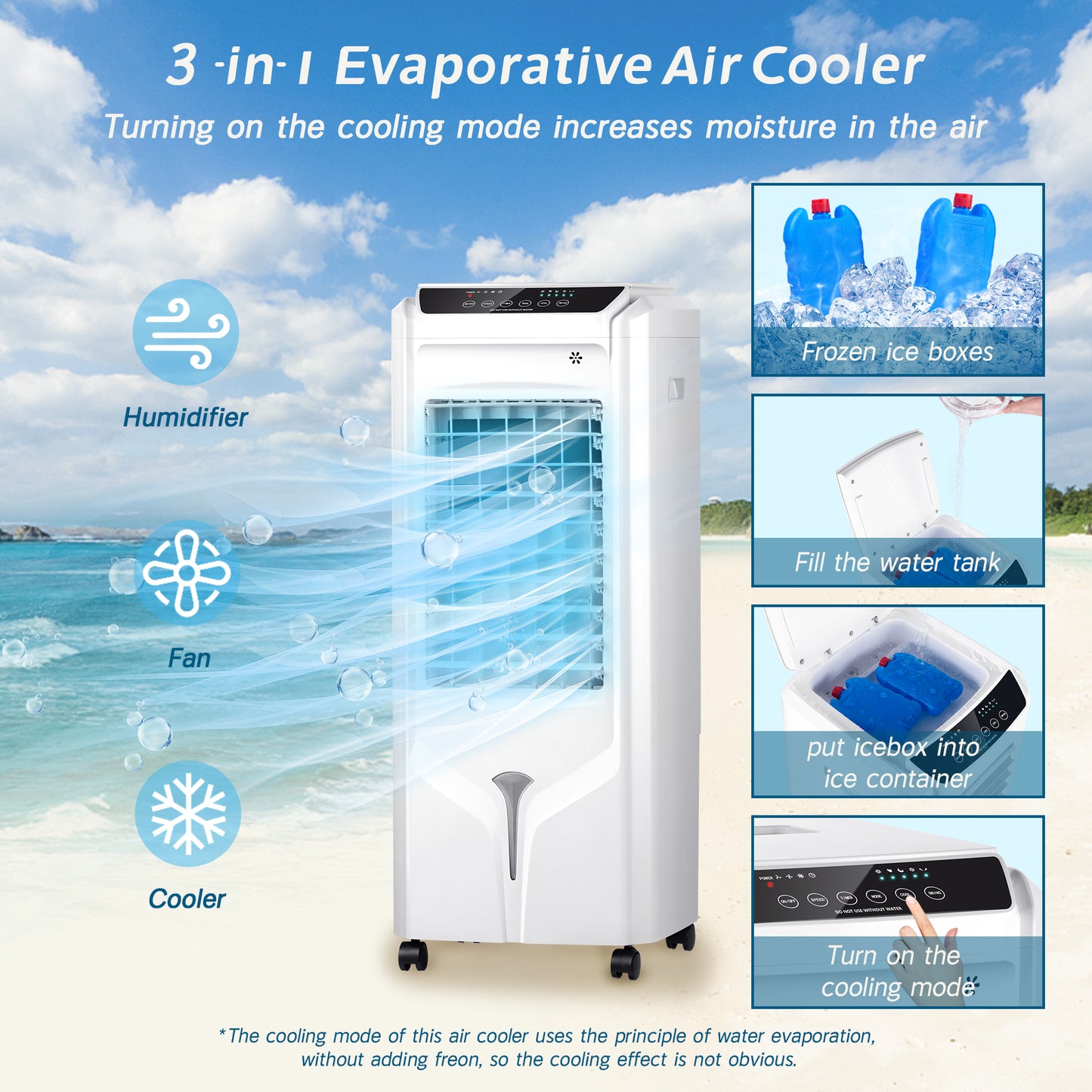 Swamp Cooler,Evaporative Air Cooler with 4.2-Gal Water Tank,4 Ice Packs,12H Timer,3-IN-1 Cooling Tower Fan for Indoor