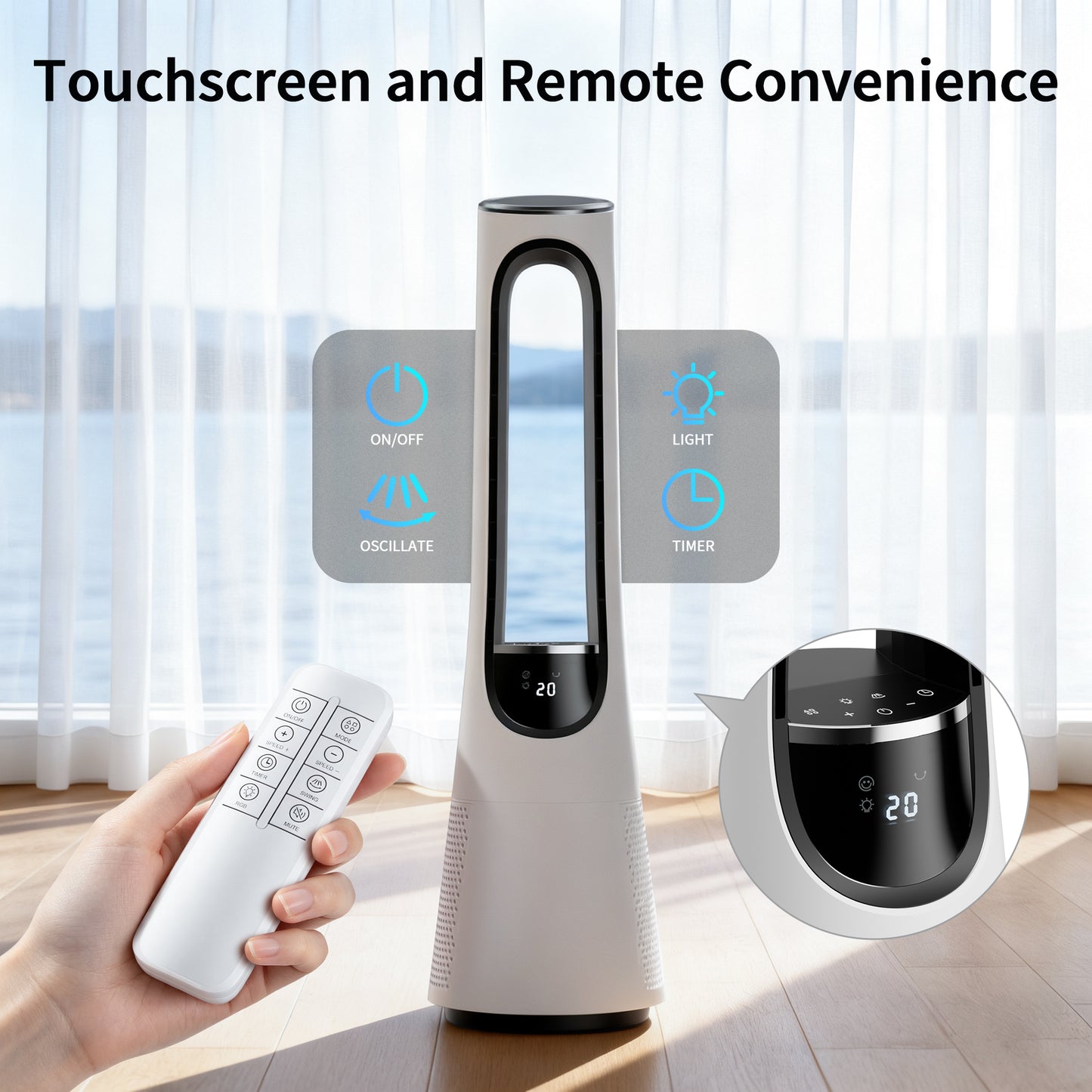 38" Bladeless Tower Fan for Bedroom, Standing Fan 120° Oscillating with Remote, 4 Modes, 20 Speeds for Home, Office