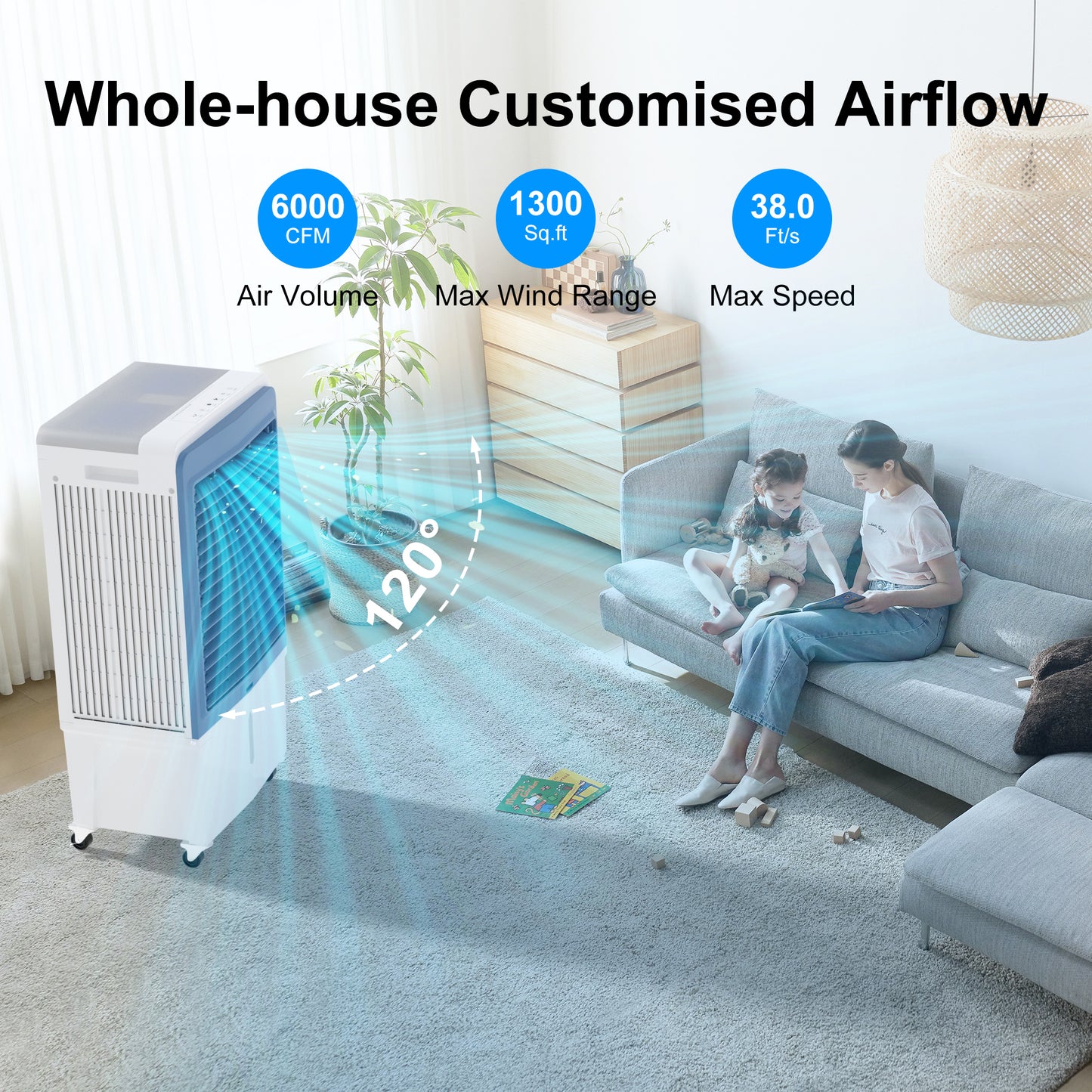 Swamp Cooler, 6000CFM Evaporative Air Cooler with 13.5-Gal Water Tank, Evaporative Cooler with Water Level Alarm, 3 Speeds, 12H Timer, Air Cooler for Indoor Outdoor Patio Garage Use(48IN)