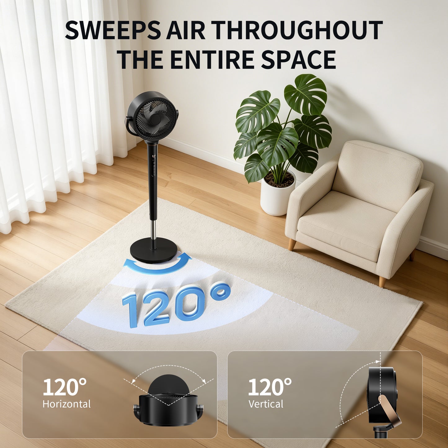 Akires Fan for Bedroom, 120°+120° Oscillating Standing Fan, Air Circulator Fan with Remote, Quiet, 4 Modes, 16 Speeds