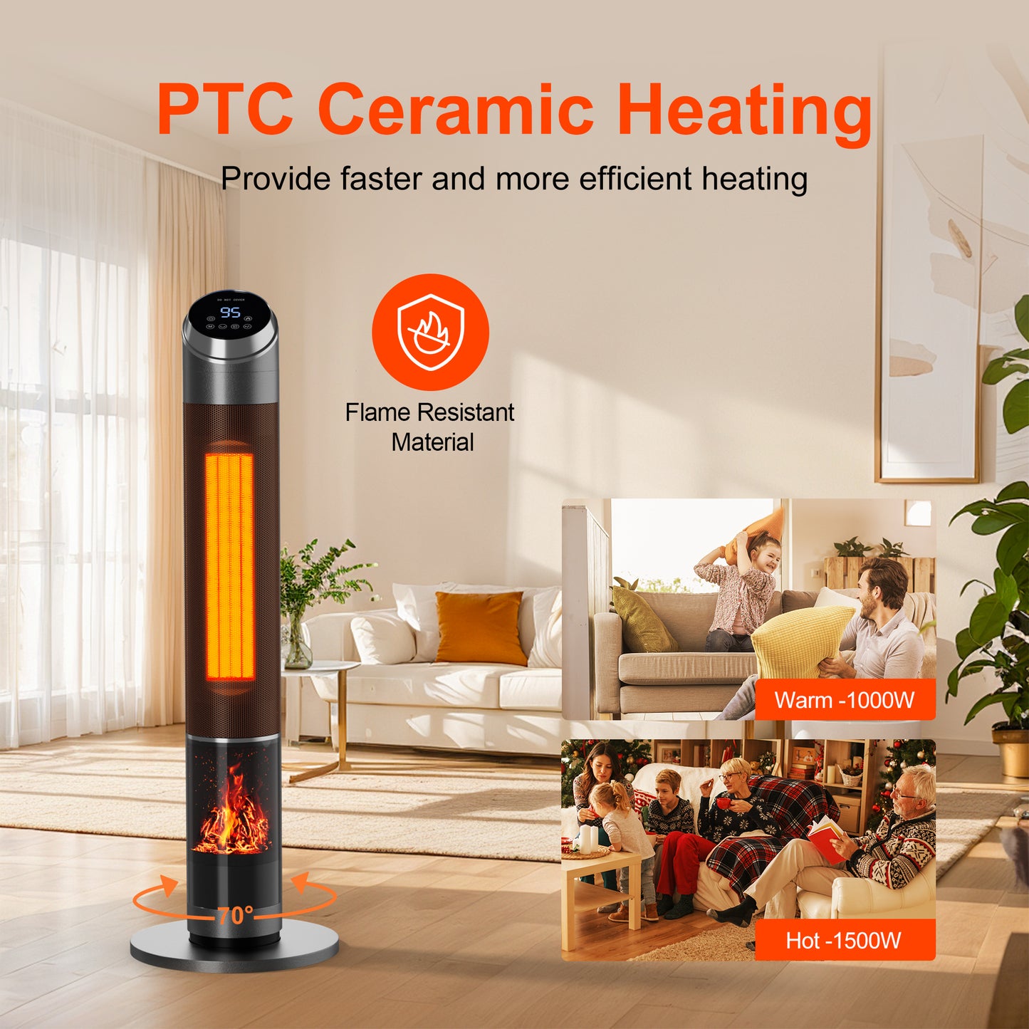 38in Large Floor Portable Electric Heaters For Indoor Use,1500w Tower Space Heater,70°Oscillating Ptc Ceramic Heater With Remote Control,24h Timer For Bedroom Grey
