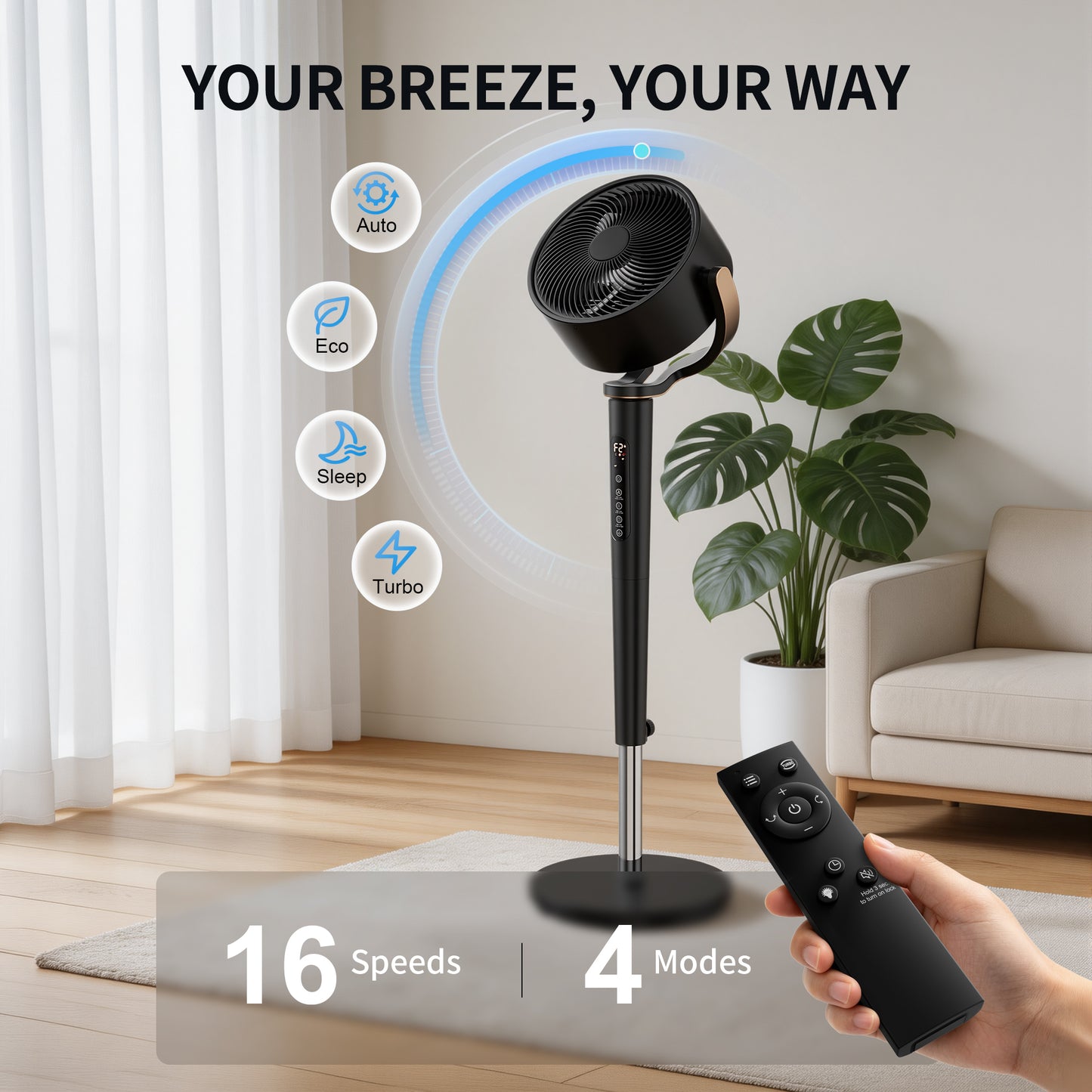 Akires Fan for Bedroom, 120°+120° Oscillating Standing Fan, Air Circulator Fan with Remote, Quiet, 4 Modes, 16 Speeds