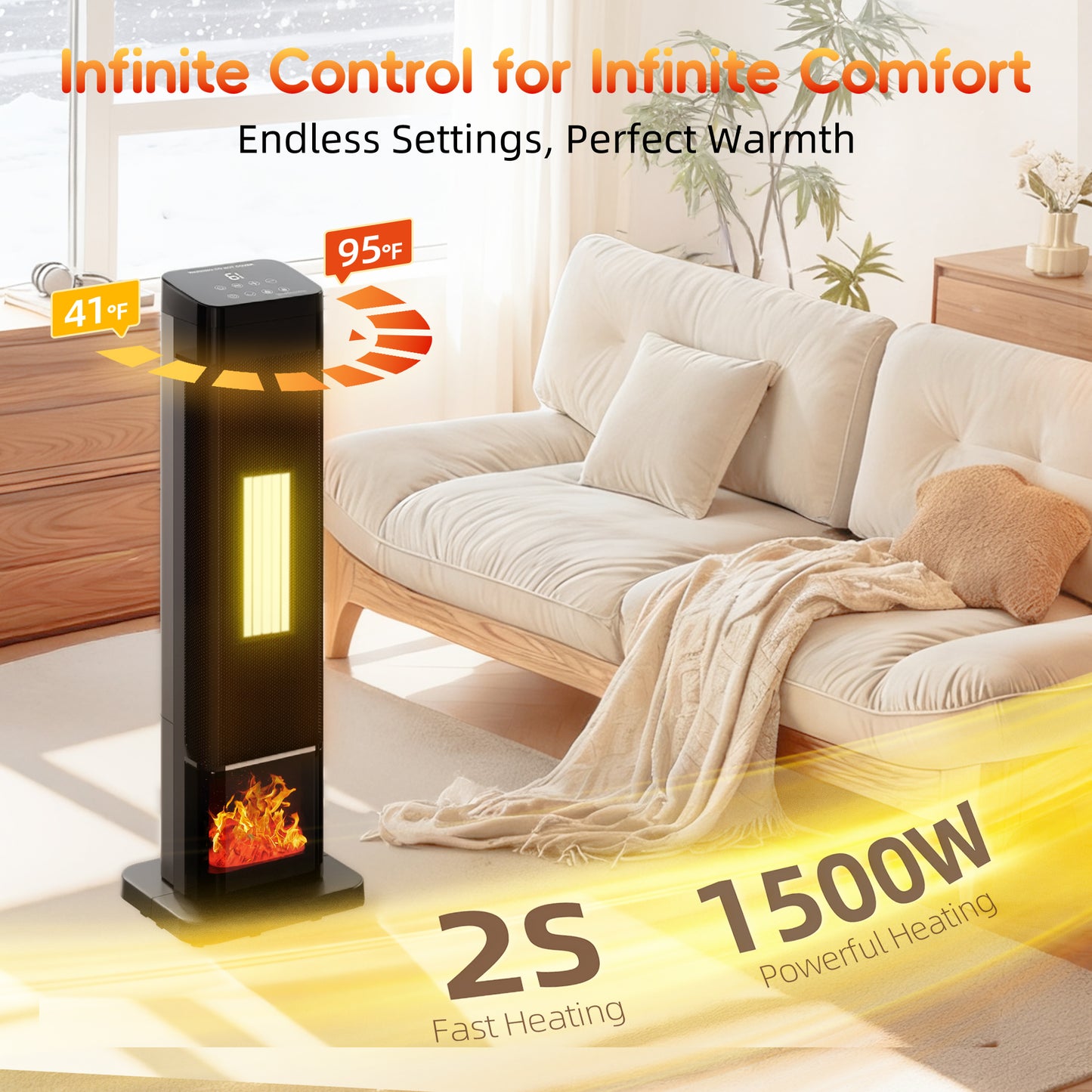 Space Heaters for Indoor Use Large Room, 1500w Portable Electric Heater with Thermostat & Remote, 80° Oscillation, 24H Timer, ECO, Tower Room Heater and Fan Combo for Bedroom 23"