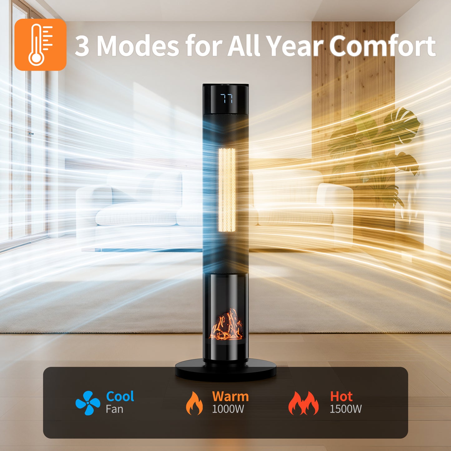 34" Space Heater for Indoor Use, 1500W Electric Heater with Remote, Timer, ECO Mode, Safety Protection for Large Bedroom, Living Room (Black)