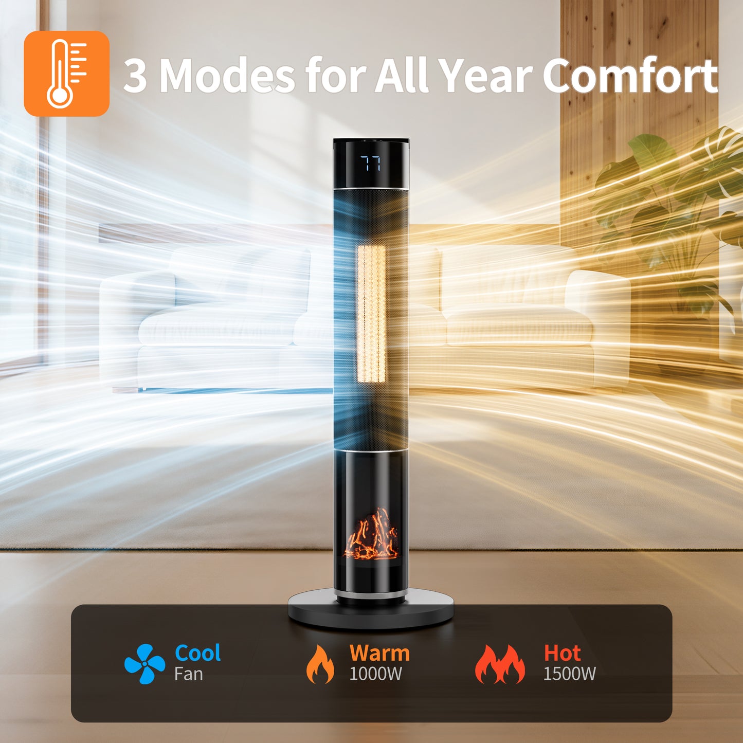 34" Space Heater for Indoor Use, 1500W Electric Heater Large Room with Remote, Timer, ECO Mode, Safety Protection for Bedroom (Silver)