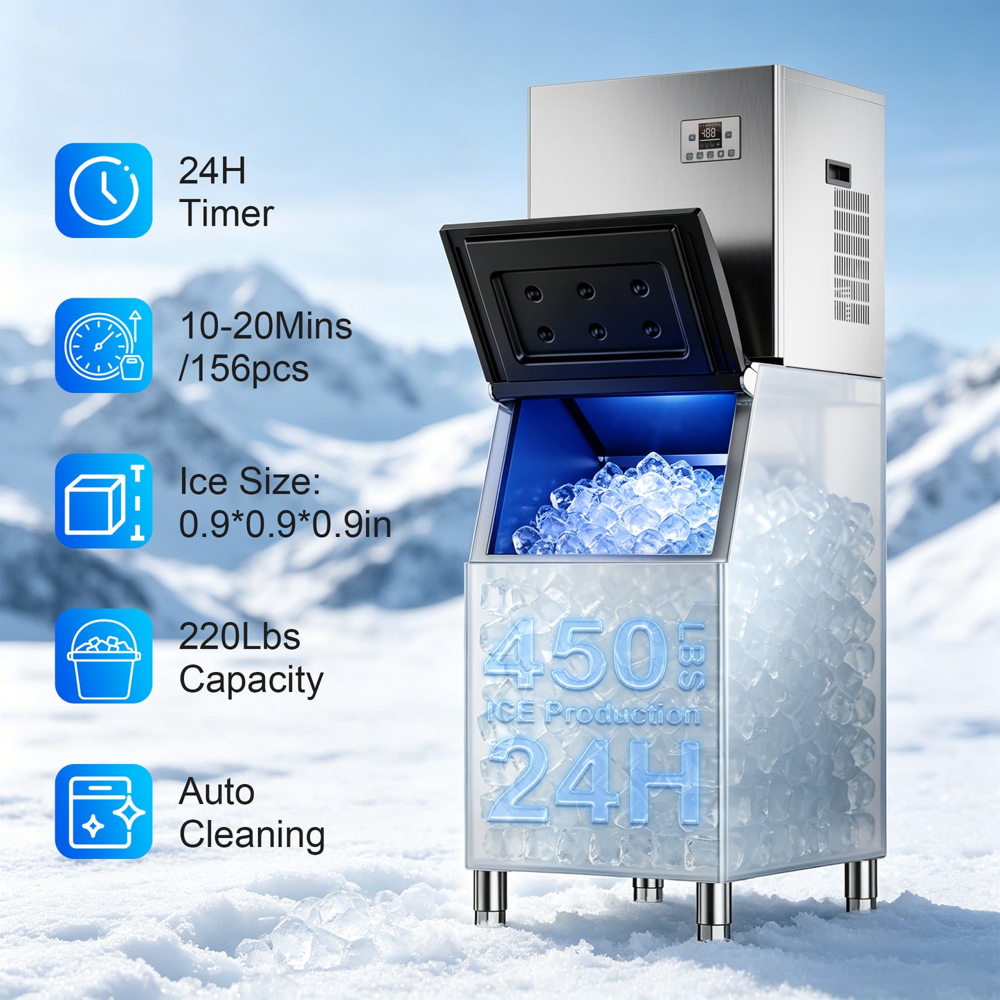 Akires Commercial Ice Maker 450LBS/24H, Storage 220LBS, Industrial Ice Machine, 156 Cubes Every 10-20 Minutes with Self-Cleaning Mode, Low Noise