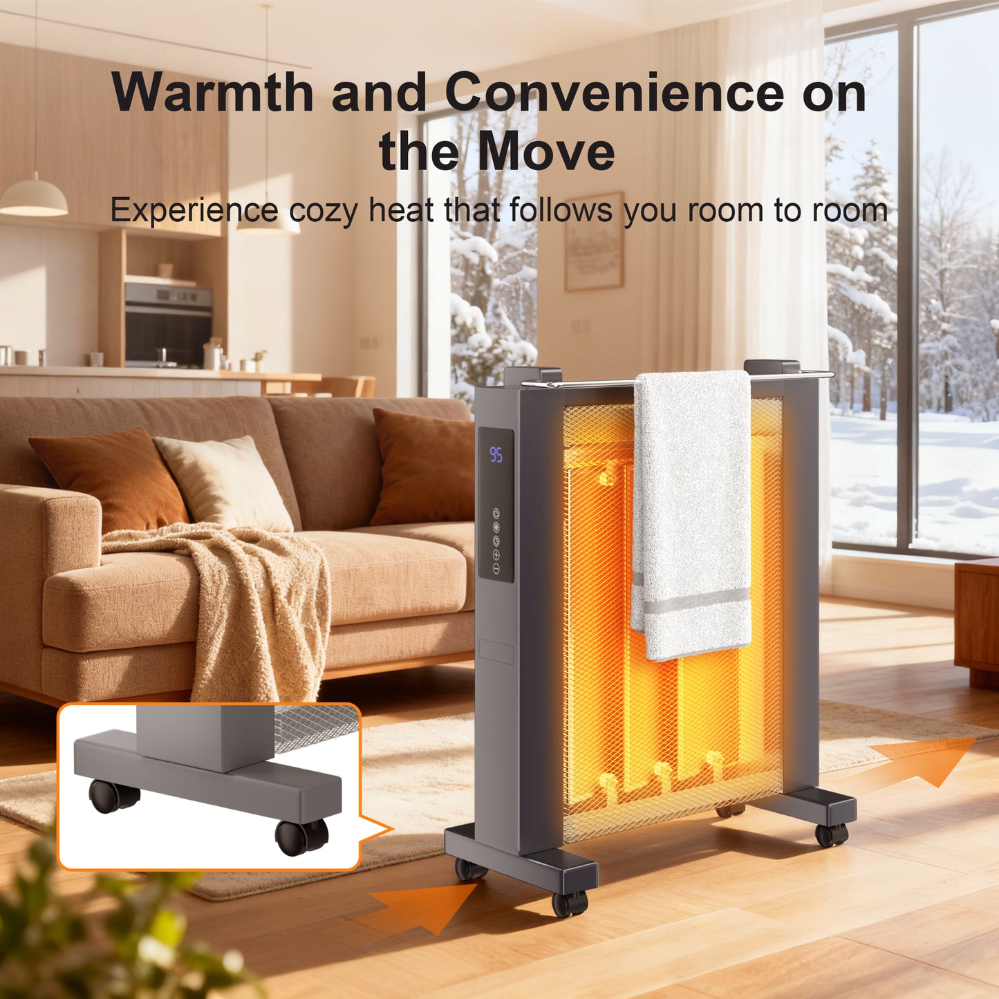 Air Convection Heaters for Indoor Use, Electric Space Heater Large Room Office 1500W with Thermostat, ECO, Remote, Wheel, 12H Timer, Tip-Over & Overheat Protection