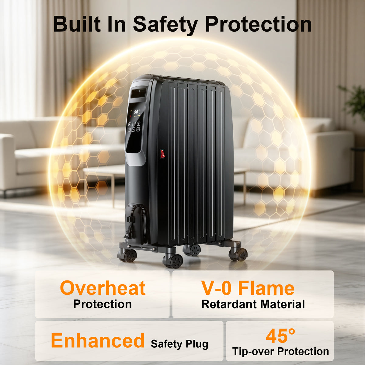 Oil Filled Radiator Heater, Space Heater Large Room, Electric Heater for Indoor Use, Office with Thermostat, 0dB, 24H Timer, Energy Saving(Black)